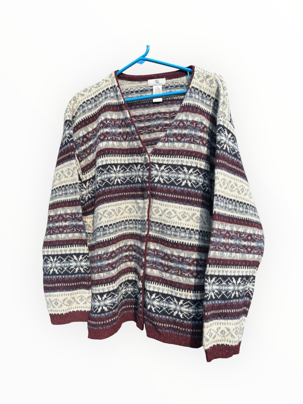 Woman’s wool Nordic-Pattern V-Neck Cardigan Sweater - Burgundy, Gray & Cream XL